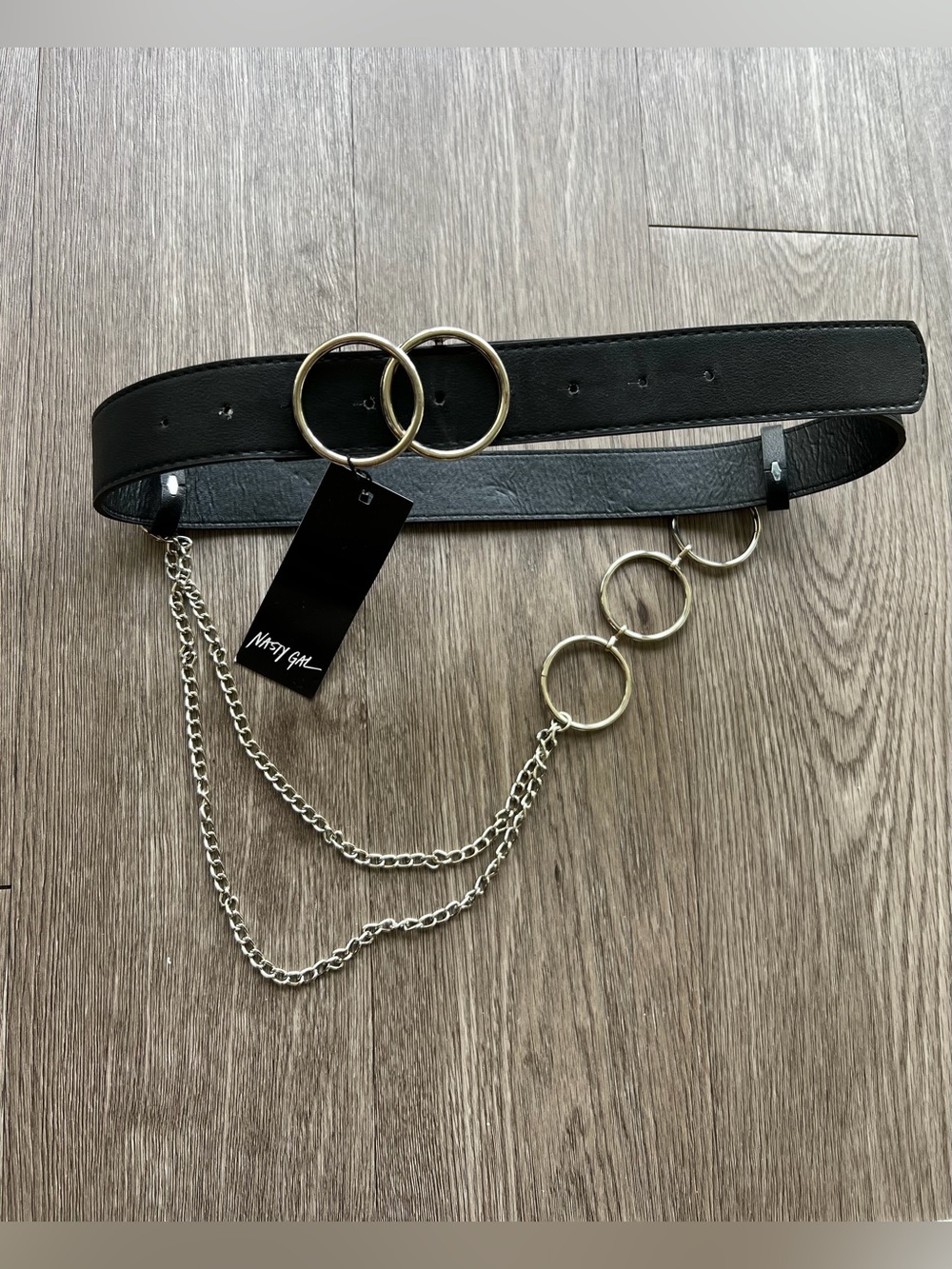 NWT Nasty Gal PU Double Circle Chain Detail Belt black one size